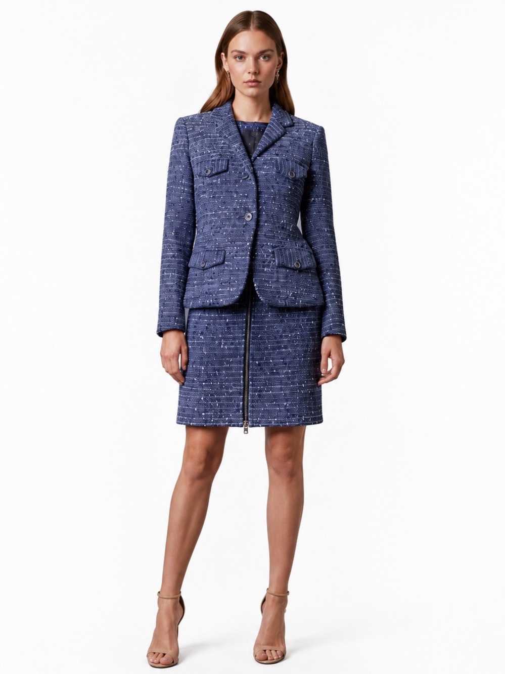 Zenobia Blue Tweed Suit | Chanel-Inspired Textured Blazer & Skirt | Like-New | 8